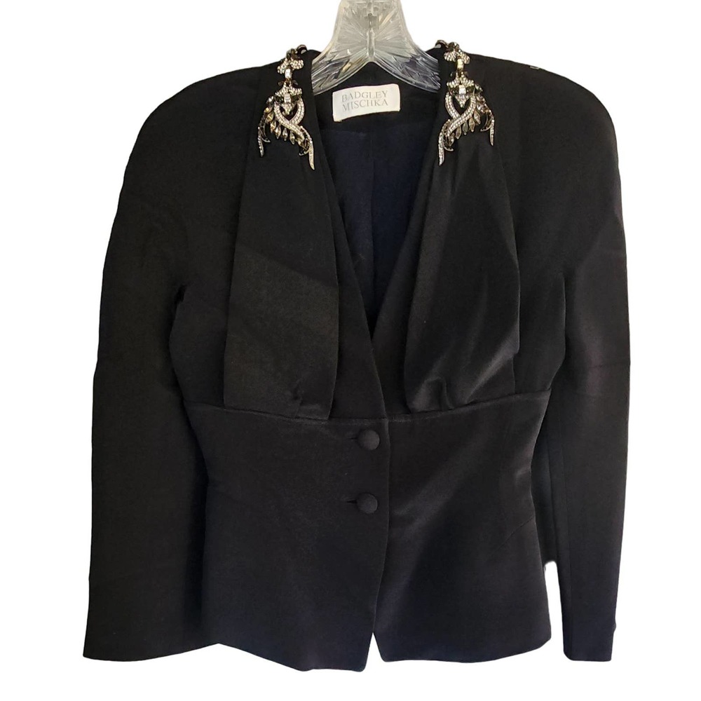 Badgley Mischka Jewel Trim Black Silk Jacket S